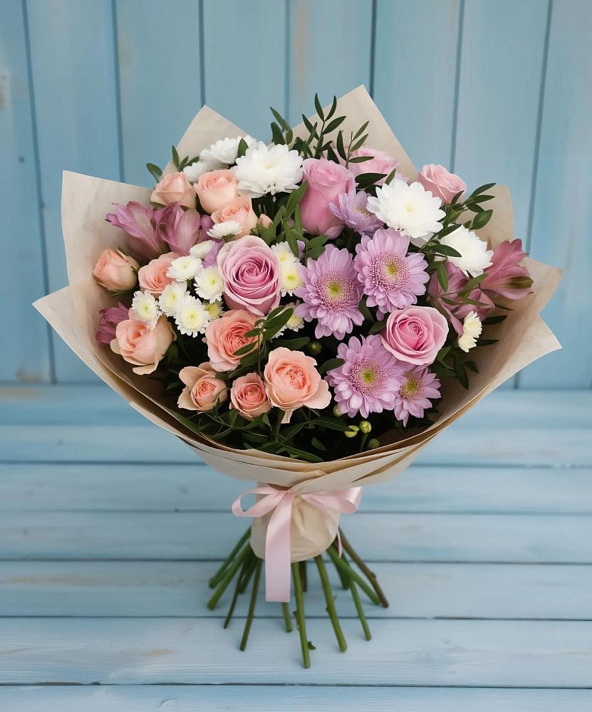 Букет цветов из: Хризантемы, Розы и Альстромерии в Московском