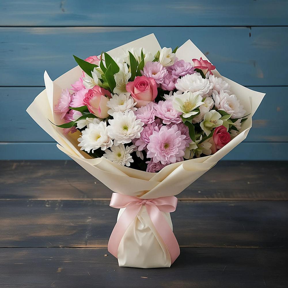 Букет цветов из: Хризантемы, Альстромерии и Розы в Московском